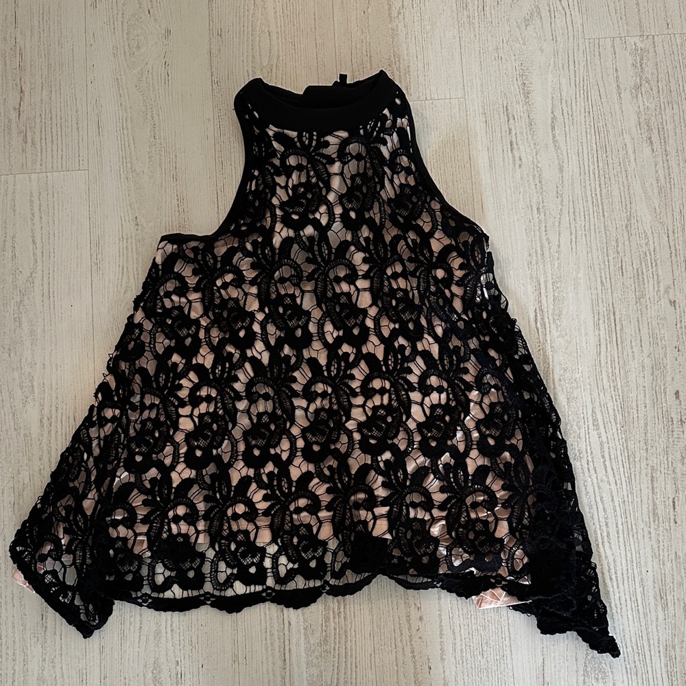 RW&CO. Black Lace Overlay Top with Blush Lining and bow in the back